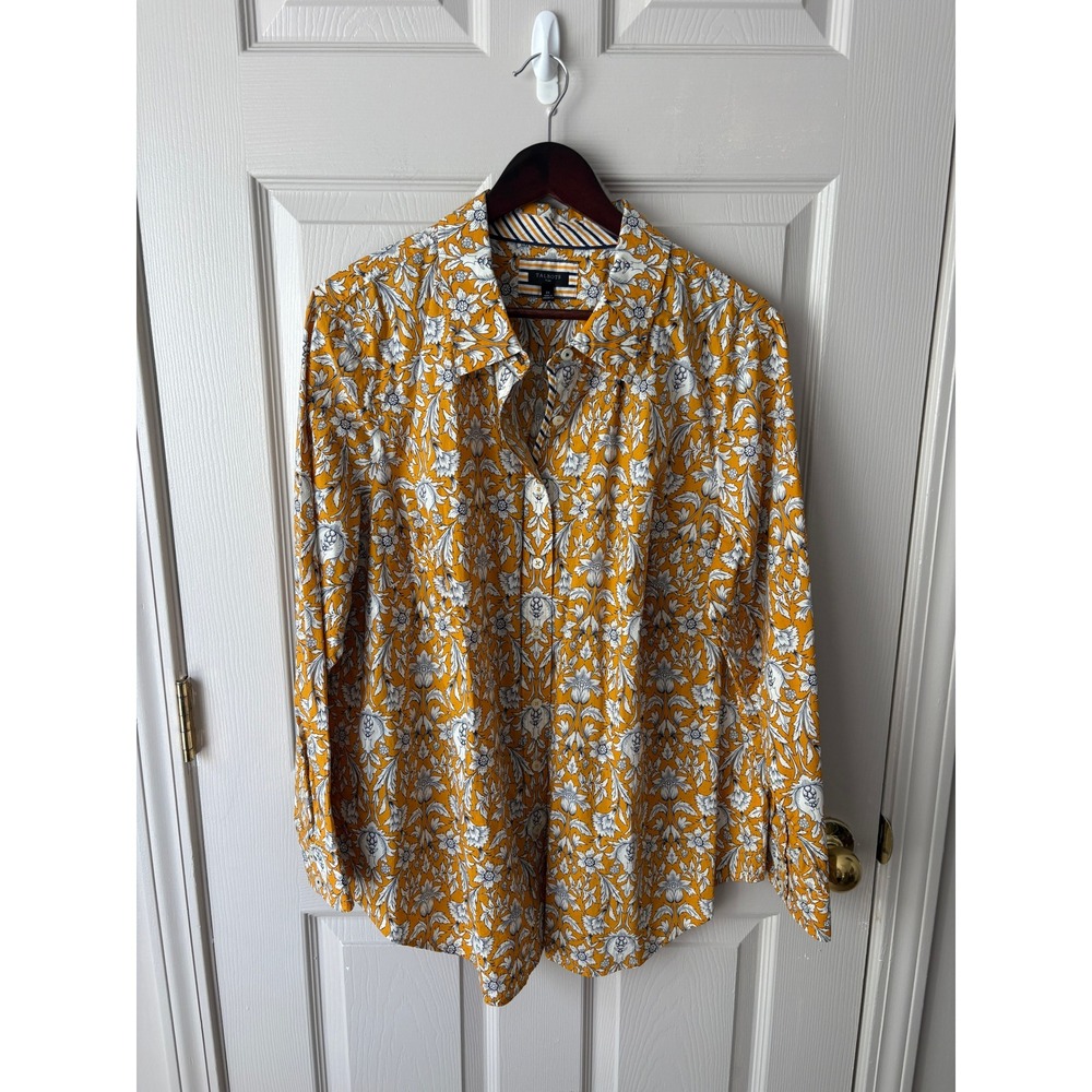 Talbots Button Down Shirt Women 2X Yellow Floral Damask Long Sleeve Blouse